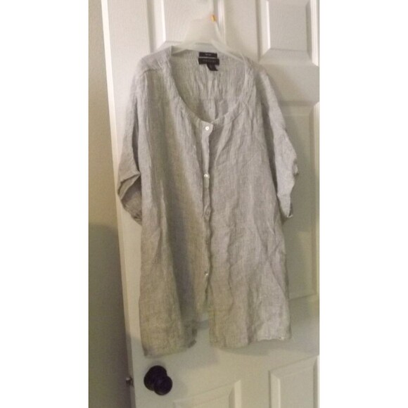 Tahari 100% Linen Loose Float Button Down Top Gray Laganlook Boho Size Large - Picture 1 of 3